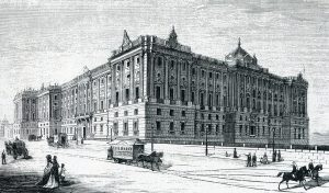 Palacio Real, probablemente la construcción más emblemática del Madrid del siglo XVIII. La ilustración es de un siglo más tarde, pues corresponde a la Guía de Ángel Fernández de los Ríos de 1876