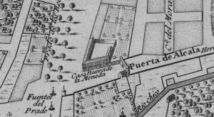 Detalle del plano de Madrid de Nicolás de Fer (1706), en el que puede verse el edificio del Pósito de la Villa, rotulado como “Casa Nueva de la Moneda”. En este lugar en que se construirá, ya en el siglo XIX, el Palacio de Linares.