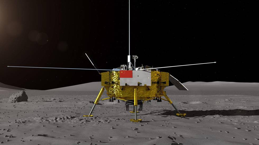 Infografía que representa la sonda Chang’e 4 posada sobre la superficie lunar. Procedencia: CNSA, Administración Nacional del Espacio de China.