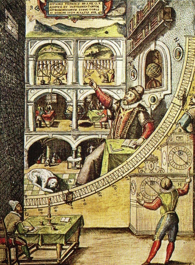 Grabado antiguo que representa a Tycho Brahe trabajando en su observatorio primitivo.